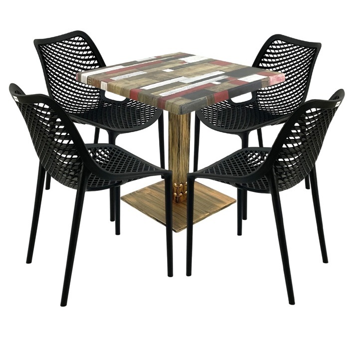 Mobilier de exterior cafenea,masa Raki Maple 80x80x74cm blat werzalit, 4 scaune London Air negru suprapozabile , picior metalic aspect bronz antichizat
