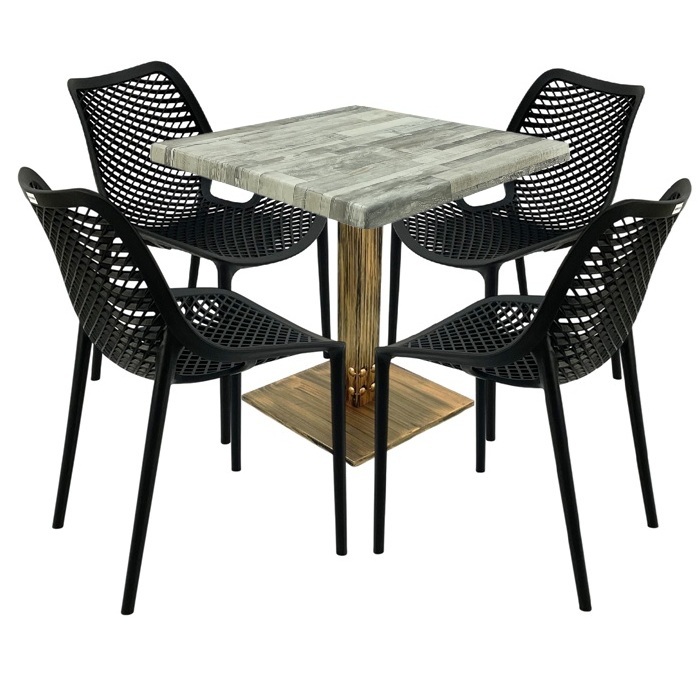 Mobilier de exterior cafenea,masa Raki Maple 80x80x74cm blat werzalit, 4 scaune London Air negru suprapozabile , picior metalic aspect bronz antichizat