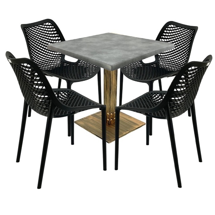 Mobilier de exterior cafenea,masa Raki Maple 80x80x74cm blat werzalit, 4 scaune London Air negru suprapozabile , picior metalic aspect bronz antichizat