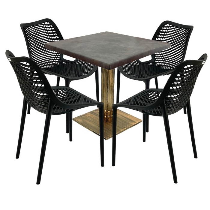 Mobilier de exterior cafenea,masa Raki Maple 80x80x74cm blat werzalit, 4 scaune London Air negru suprapozabile , picior metalic aspect bronz antichizat