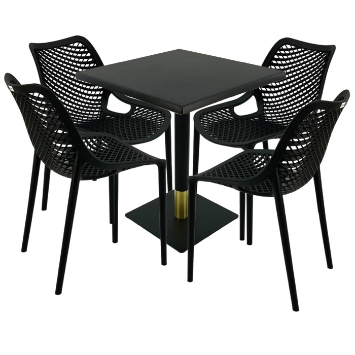 Mobilier de exterior restaurant, masa  70x70x74cm Raki MAPLE blat werzalit,4 scaune London Air negru suprapozabile, picior metalic negru/auriu