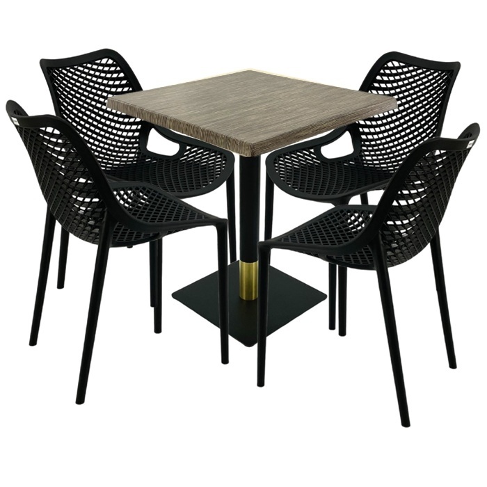 Mobilier de exterior restaurant, masa  70x70x74cm Raki MAPLE blat werzalit,4 scaune London Air negru suprapozabile, picior metalic negru/auriu