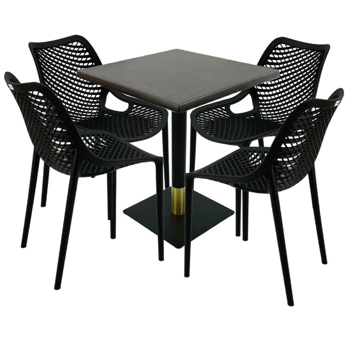 Mobilier de exterior restaurant, masa  70x70x74cm Raki MAPLE blat werzalit,4 scaune London Air negru suprapozabile, picior metalic negru/auriu