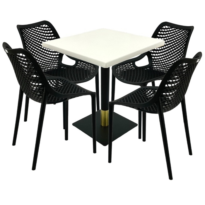 Mobilier de exterior restaurant, masa  70x70x74cm Raki MAPLE blat werzalit,4 scaune London Air negru suprapozabile, picior metalic negru/auriu