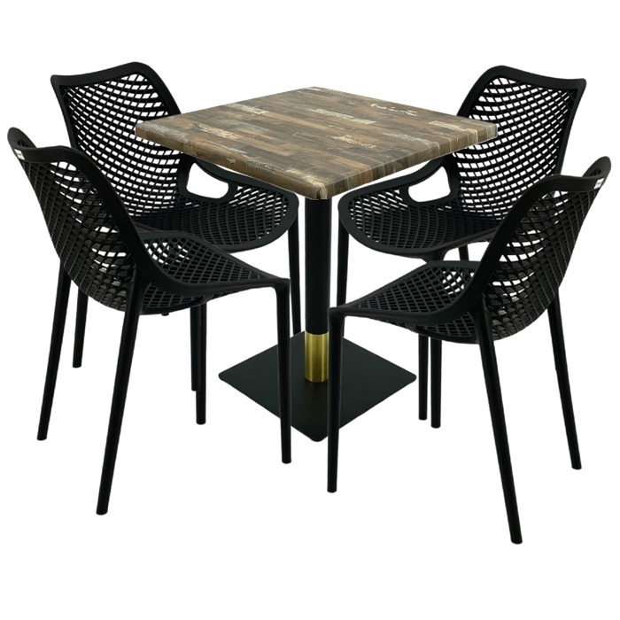 Mobilier de exterior restaurant, masa  70x70x74cm Raki MAPLE blat werzalit,4 scaune London Air negru suprapozabile, picior metalic negru/auriu