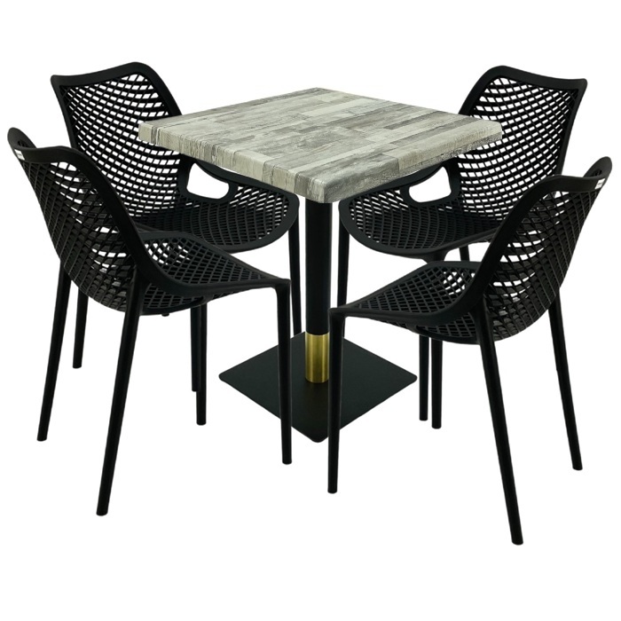 Mobilier de exterior restaurant, masa  70x70x74cm Raki MAPLE blat werzalit,4 scaune London Air negru suprapozabile, picior metalic negru/auriu