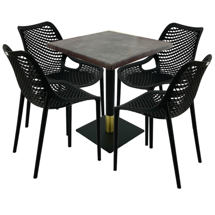 Mobilier de exterior restaurant, masa  70x70x74cm Raki MAPLE blat werzalit,4 scaune London Air negru suprapozabile, picior metalic negru/auriu