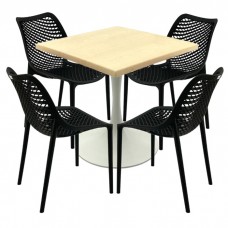 Mobilier de exterior restaurant,masa Raki Maple 80x80x74cm blat werzalit, 4 scaune London Air negru suprapozabile,picior turnat 50cm