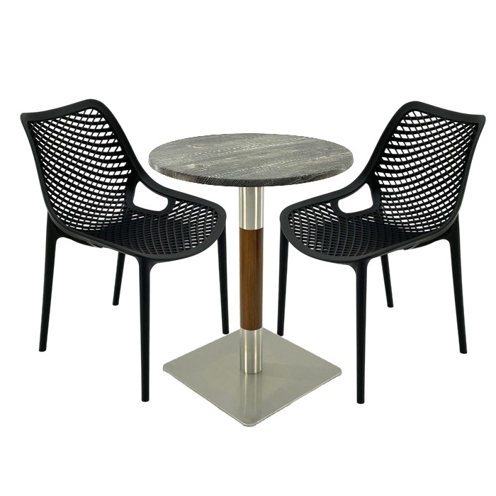 Mobilier de terasa bar, 2 scaune London Air negru suprapozabile cu masa rotunda 60x72cm Raki MAPLE blat werzalit si picior crom aspect lemn