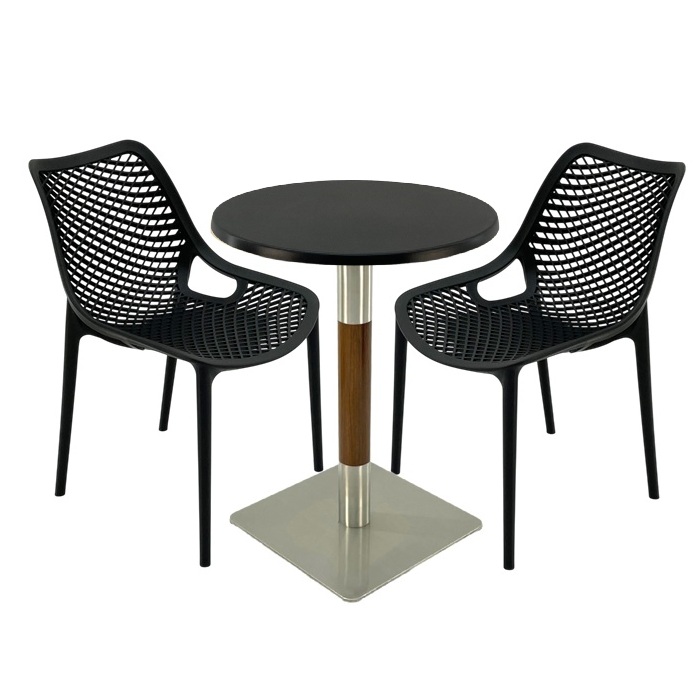 Mobilier de terasa bar, 2 scaune London Air negru suprapozabile cu masa rotunda 60x72cm Raki MAPLE blat werzalit si picior crom aspect lemn