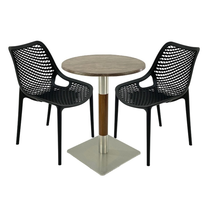 Mobilier de terasa bar, 2 scaune London Air negru suprapozabile cu masa rotunda 60x72cm Raki MAPLE blat werzalit si picior crom aspect lemn