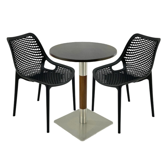 Mobilier de terasa bar, 2 scaune London Air negru suprapozabile cu masa rotunda 60x72cm Raki MAPLE blat werzalit si picior crom aspect lemn