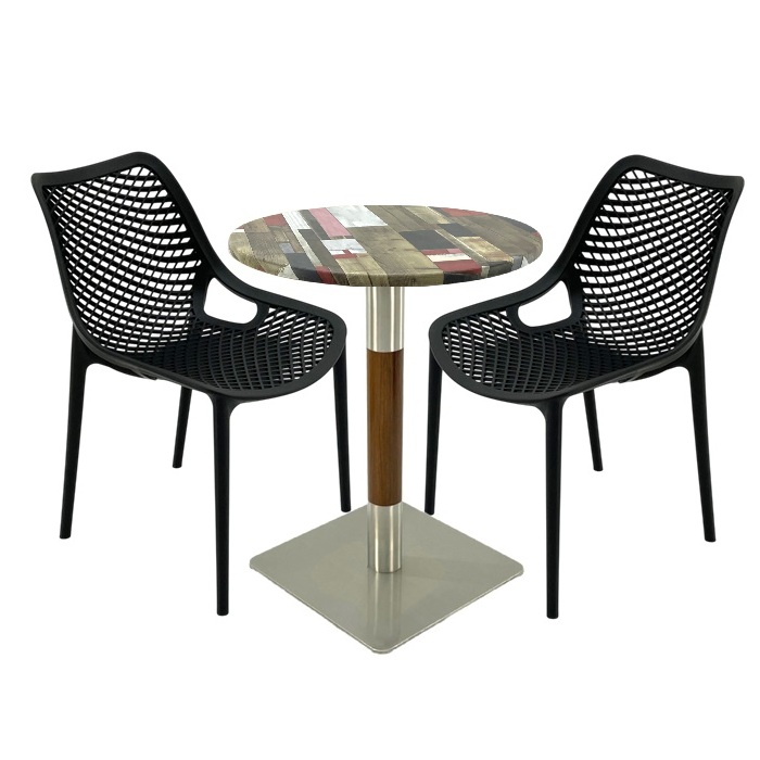 Mobilier de terasa bar, 2 scaune London Air negru suprapozabile cu masa rotunda 60x72cm Raki MAPLE blat werzalit si picior crom aspect lemn