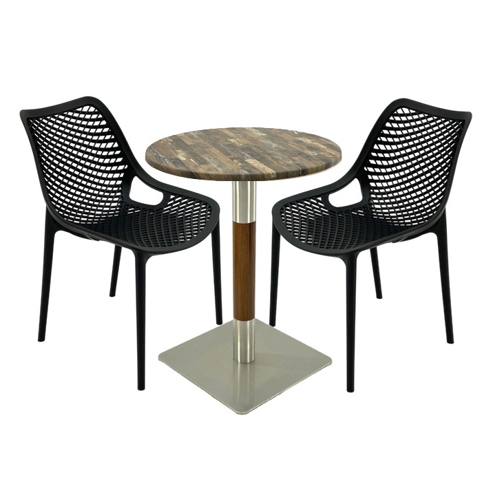 Mobilier de terasa bar, 2 scaune London Air negru suprapozabile cu masa rotunda 60x72cm Raki MAPLE blat werzalit si picior crom aspect lemn