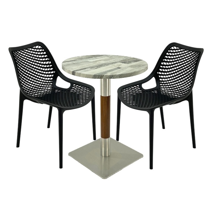 Mobilier de terasa bar, 2 scaune London Air negru suprapozabile cu masa rotunda 60x72cm Raki MAPLE blat werzalit si picior crom aspect lemn