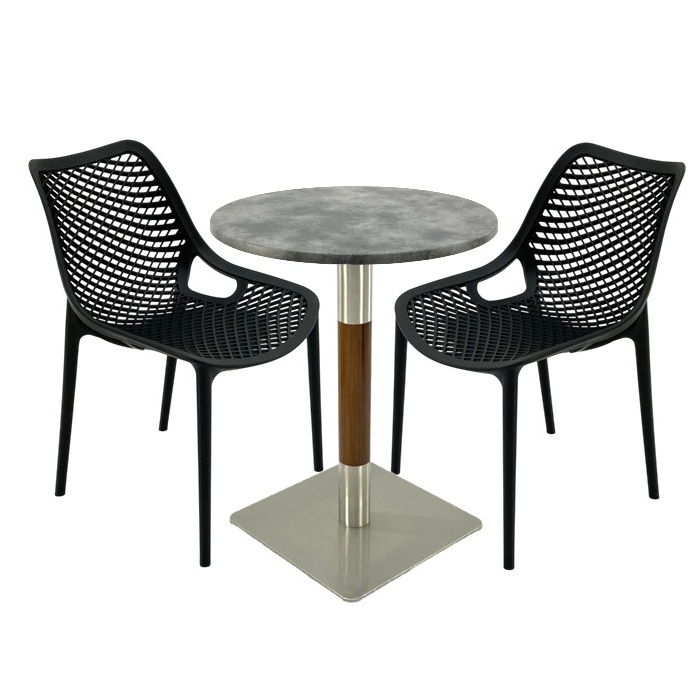 Mobilier de terasa bar, 2 scaune London Air negru suprapozabile cu masa rotunda 60x72cm Raki MAPLE blat werzalit si picior crom aspect lemn