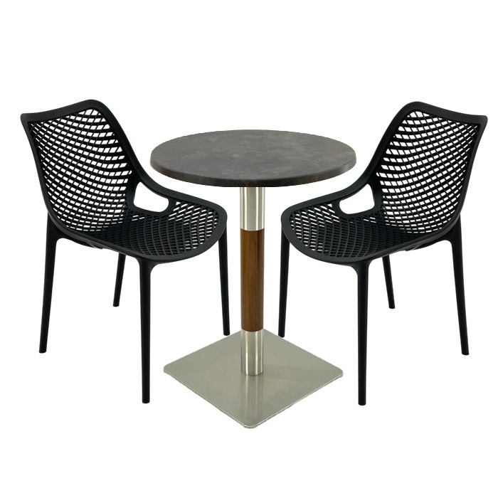 Mobilier de terasa bar, 2 scaune London Air negru suprapozabile cu masa rotunda 60x72cm Raki MAPLE blat werzalit si picior crom aspect lemn