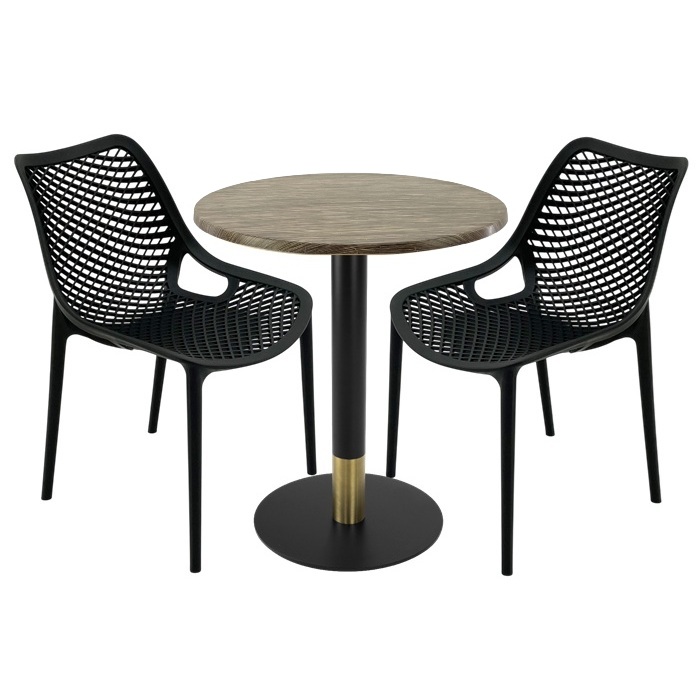 Mobilier de terasa bar, 2 scaune London Air negru suprapozabile cu masa rotunda 70x72cm Raki MAPLE blat werzalit si picior metalic,baza rotunda,negru/auriu