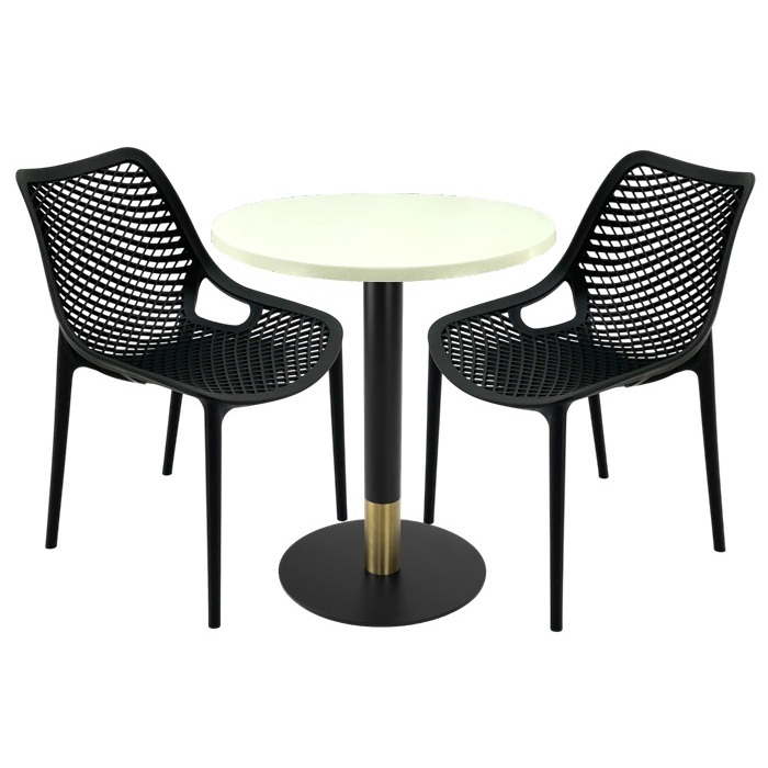 Mobilier de terasa bar, 2 scaune London Air negru suprapozabile cu masa rotunda 70x72cm Raki MAPLE blat werzalit si picior metalic,baza rotunda,negru/auriu