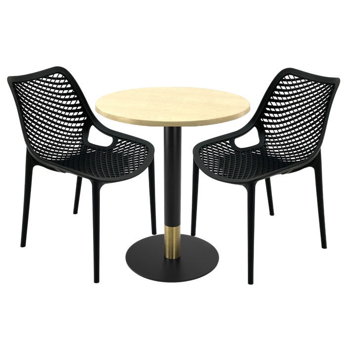Mobilier de terasa bar, 2 scaune London Air negru suprapozabile cu masa rotunda 70x72cm Raki MAPLE blat werzalit si picior metalic,baza rotunda,negru/auriu