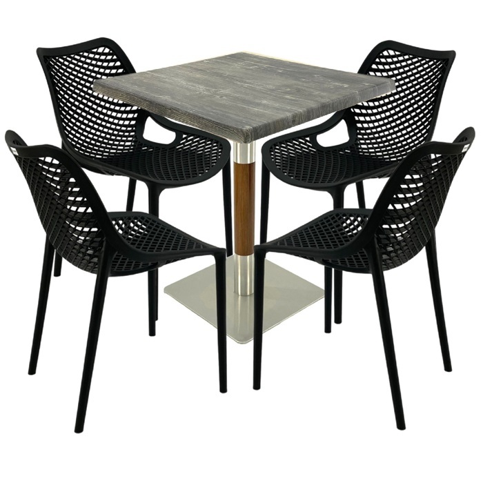 Mobilier de terasa bar, masa  70x70x74cm Raki MAPLE blat werzalit,4 scaune London Air negru suprapozabile , picior crom aspect lemn argintiu