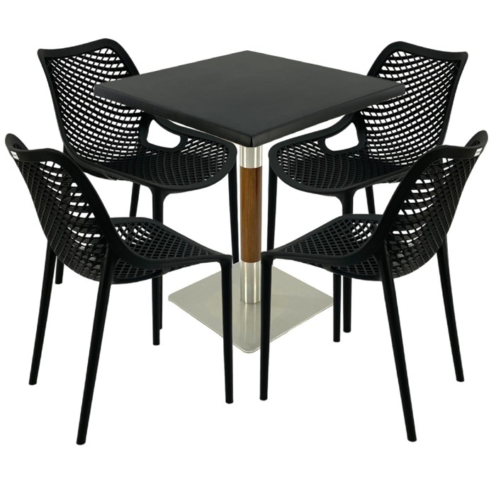 Mobilier de terasa bar, masa  70x70x74cm Raki MAPLE blat werzalit,4 scaune London Air negru suprapozabile , picior crom aspect lemn argintiu