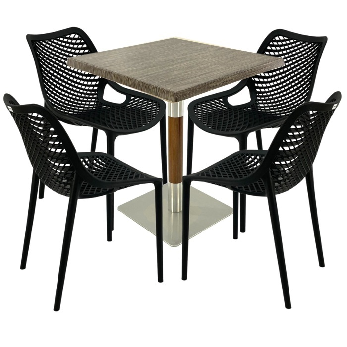Mobilier de terasa bar, masa  70x70x74cm Raki MAPLE blat werzalit,4 scaune London Air negru suprapozabile , picior crom aspect lemn argintiu