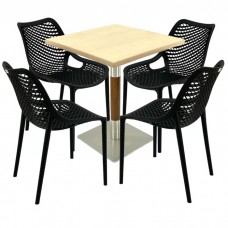 Mobilier de terasa bar, masa  70x70x74cm Raki MAPLE blat werzalit,4 scaune London Air negru suprapozabile , picior crom aspect lemn argintiu