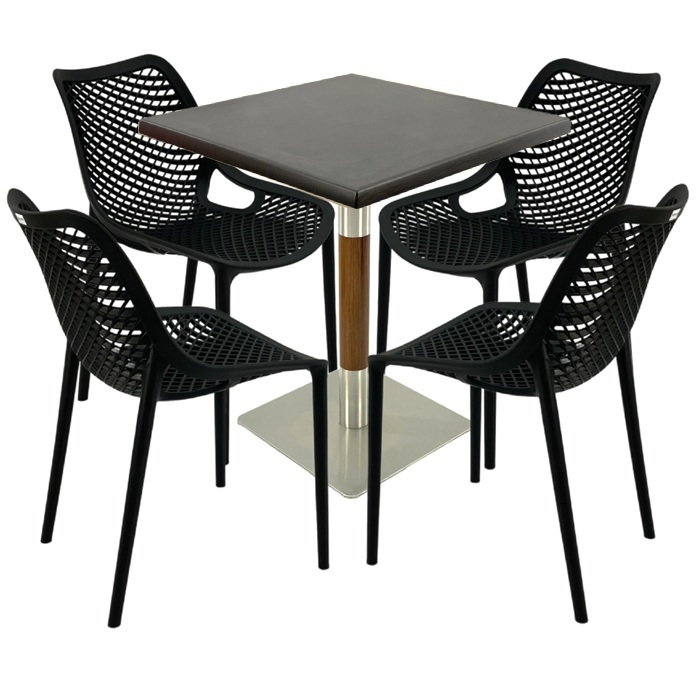 Mobilier de terasa bar, masa  70x70x74cm Raki MAPLE blat werzalit,4 scaune London Air negru suprapozabile , picior crom aspect lemn argintiu