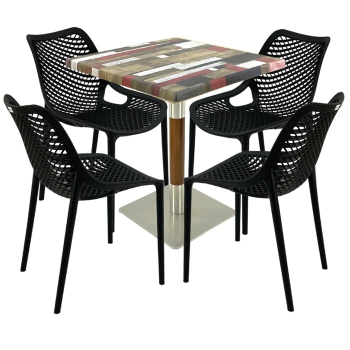Mobilier de terasa bar, masa  70x70x74cm Raki MAPLE blat werzalit,4 scaune London Air negru suprapozabile , picior crom aspect lemn argintiu
