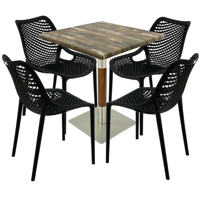 Mobilier de terasa bar, masa  70x70x74cm Raki MAPLE blat werzalit,4 scaune London Air negru suprapozabile , picior crom aspect lemn argintiu