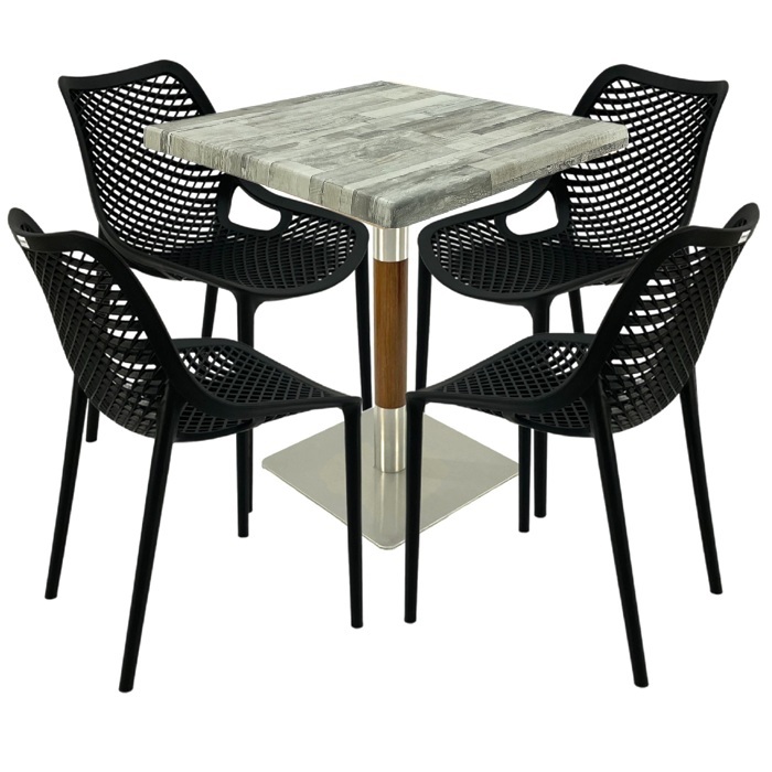 Mobilier de terasa bar, masa  70x70x74cm Raki MAPLE blat werzalit,4 scaune London Air negru suprapozabile , picior crom aspect lemn argintiu