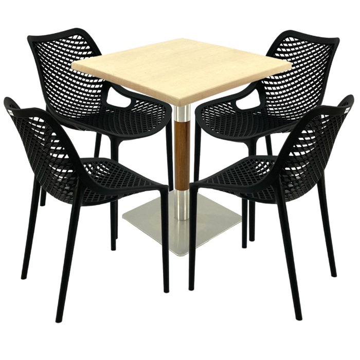 Mobilier de terasa bar, masa  70x70x74cm Raki MAPLE blat werzalit,4 scaune London Air negru suprapozabile , picior crom aspect lemn argintiu