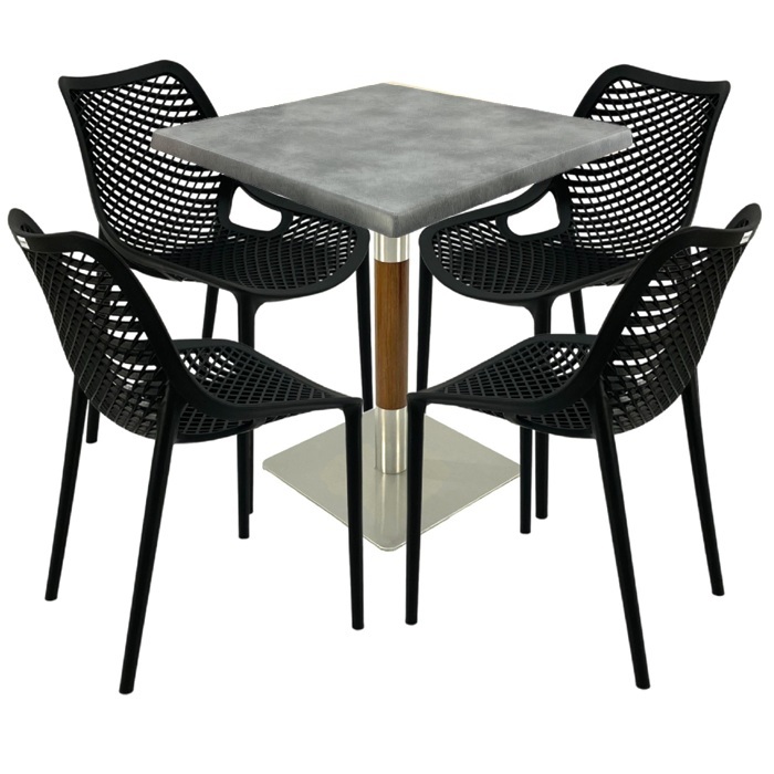 Mobilier de terasa bar, masa  70x70x74cm Raki MAPLE blat werzalit,4 scaune London Air negru suprapozabile , picior crom aspect lemn argintiu