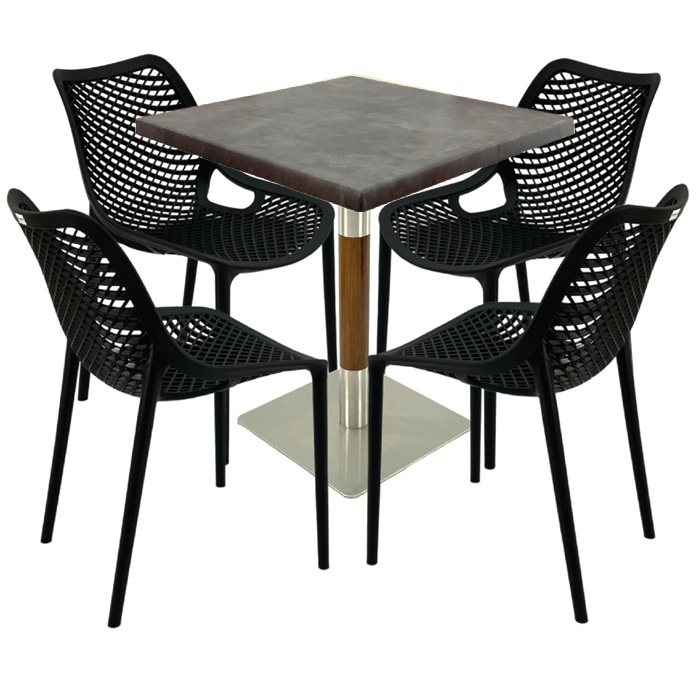 Mobilier de terasa bar, masa  70x70x74cm Raki MAPLE blat werzalit,4 scaune London Air negru suprapozabile , picior crom aspect lemn argintiu