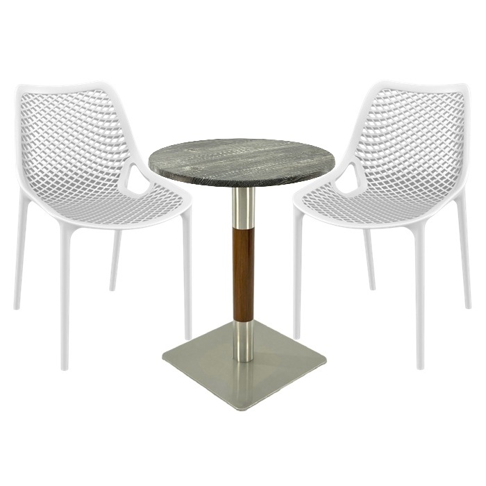 Mobilier de terasa bar Raki Maple, 2 scaune London Air albe cu masa rotunda 60x74cm  blat werzalit si picior crom aspect lemn, argintiu
