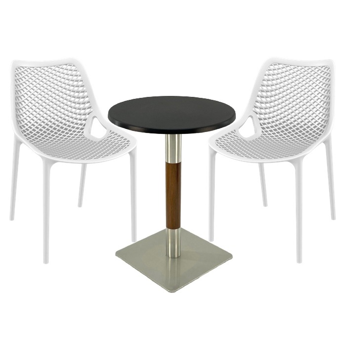 Mobilier de terasa bar Raki Maple, 2 scaune London Air albe cu masa rotunda 60x74cm  blat werzalit si picior crom aspect lemn, argintiu