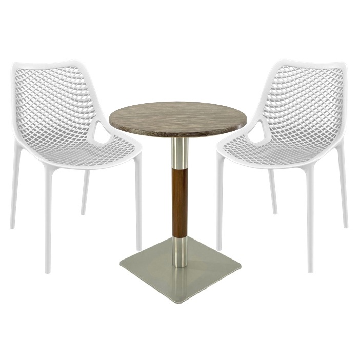 Mobilier de terasa bar Raki Maple, 2 scaune London Air albe cu masa rotunda 60x74cm  blat werzalit si picior crom aspect lemn, argintiu