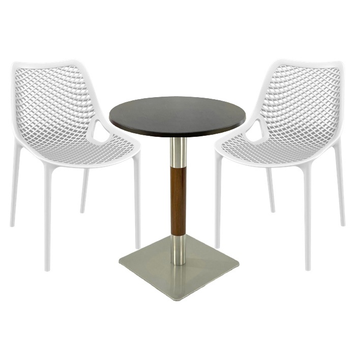 Mobilier de terasa bar Raki Maple, 2 scaune London Air albe cu masa rotunda 60x74cm  blat werzalit si picior crom aspect lemn, argintiu