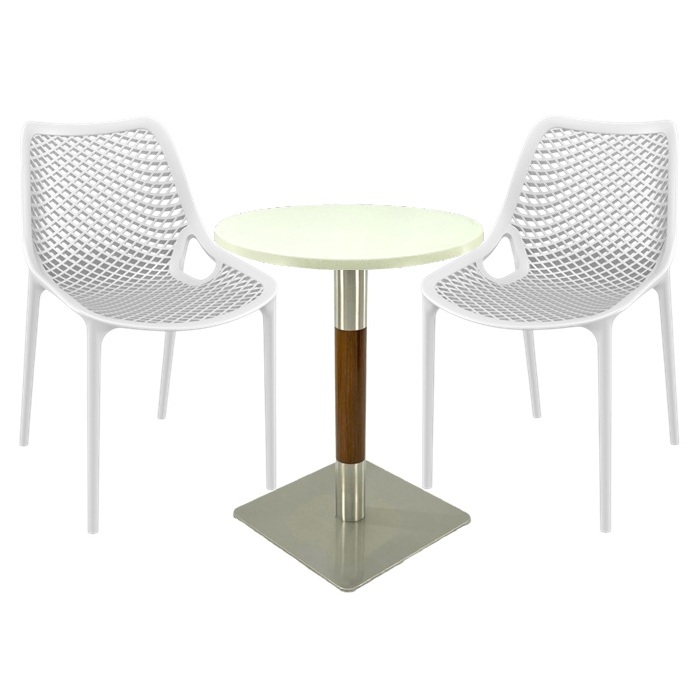 Mobilier de terasa bar Raki Maple, 2 scaune London Air albe cu masa rotunda 60x74cm  blat werzalit si picior crom aspect lemn, argintiu