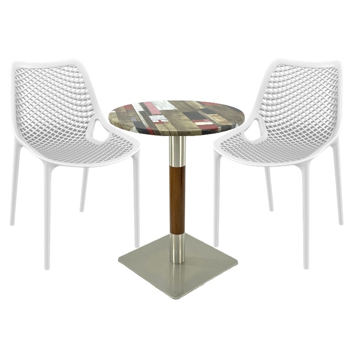 Mobilier de terasa bar Raki Maple, 2 scaune London Air albe cu masa rotunda 60x74cm  blat werzalit si picior crom aspect lemn, argintiu
