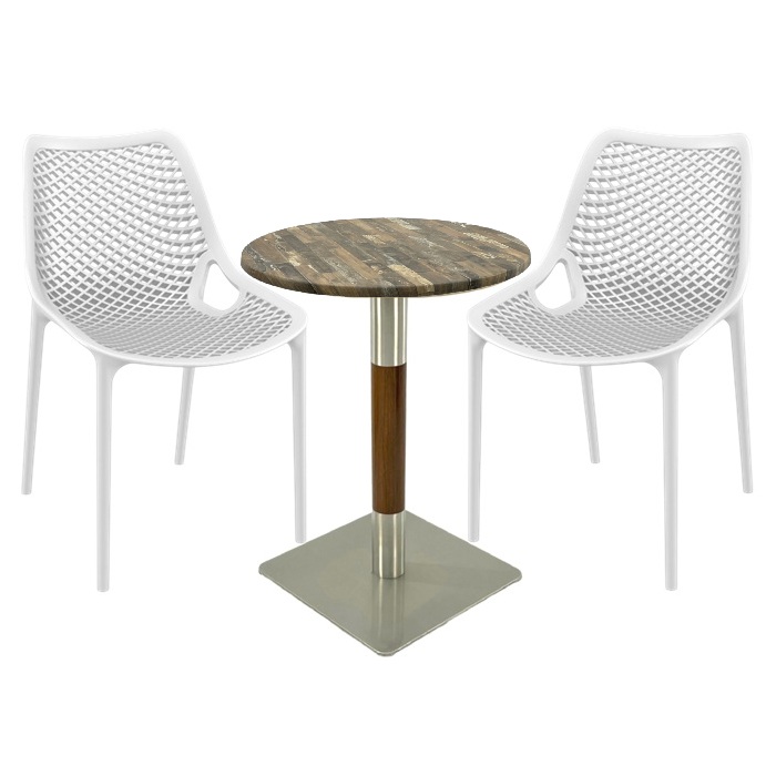 Mobilier de terasa bar Raki Maple, 2 scaune London Air albe cu masa rotunda 60x74cm  blat werzalit si picior crom aspect lemn, argintiu
