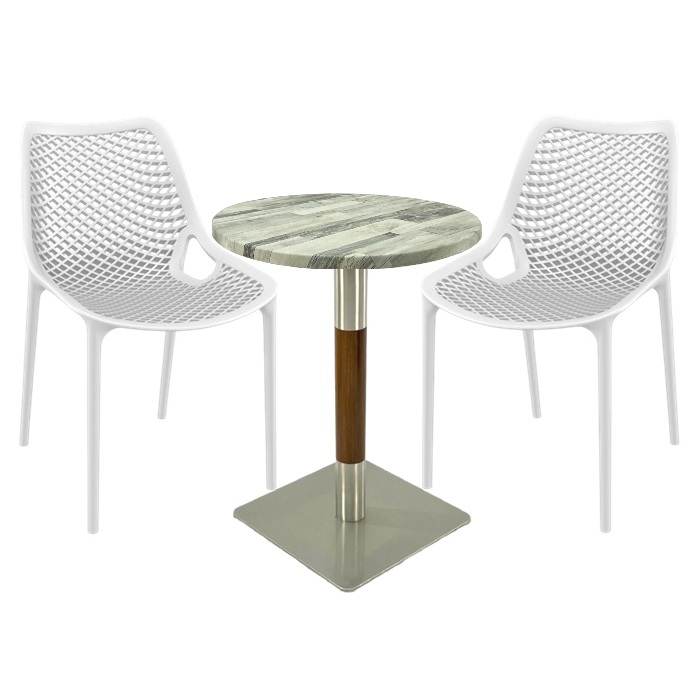 Mobilier de terasa bar Raki Maple, 2 scaune London Air albe cu masa rotunda 60x74cm  blat werzalit si picior crom aspect lemn, argintiu