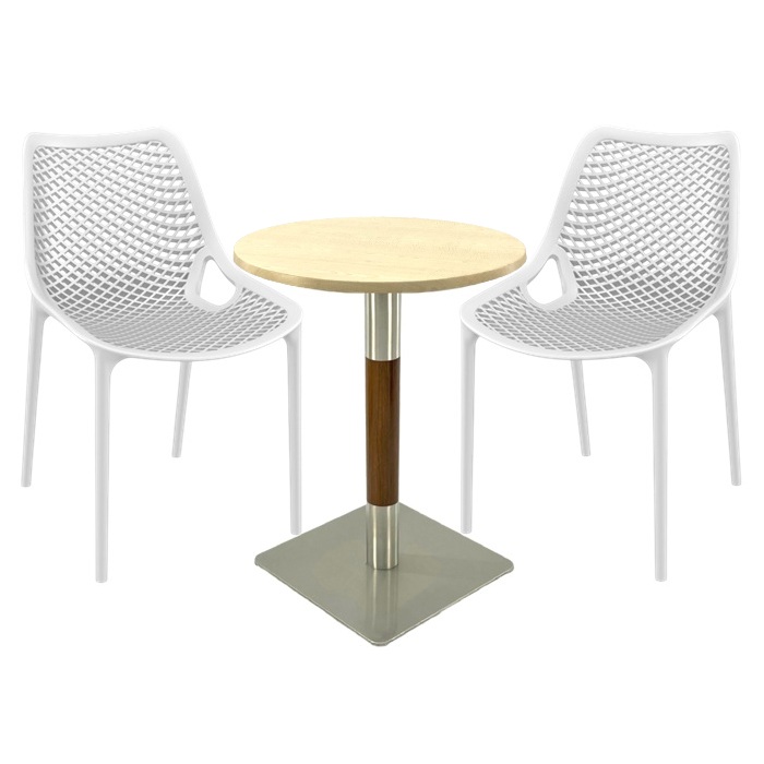 Mobilier de terasa bar Raki Maple, 2 scaune London Air albe cu masa rotunda 60x74cm  blat werzalit si picior crom aspect lemn, argintiu