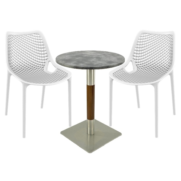 Mobilier de terasa bar Raki Maple, 2 scaune London Air albe cu masa rotunda 60x74cm  blat werzalit si picior crom aspect lemn, argintiu