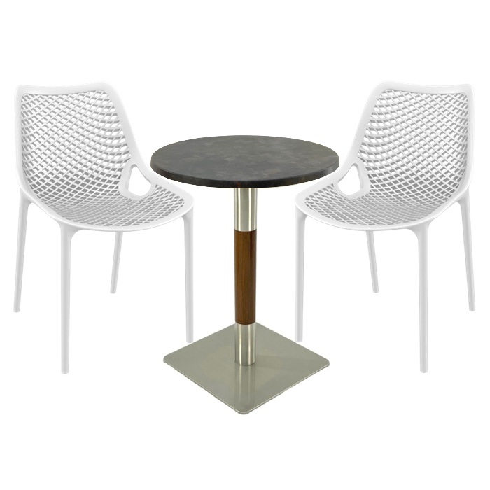 Mobilier de terasa bar Raki Maple, 2 scaune London Air albe cu masa rotunda 60x74cm  blat werzalit si picior crom aspect lemn, argintiu