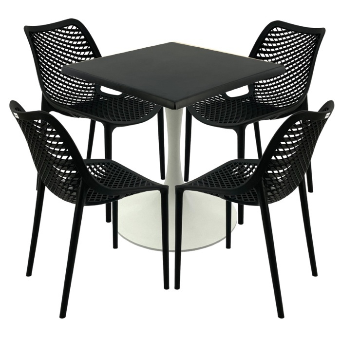 Mobilier pentru bar, 4 scaune London Air negru suprapozabile cu masa  70x70x74cm Raki MAPLE blat werzalit si picior turnat 50cm