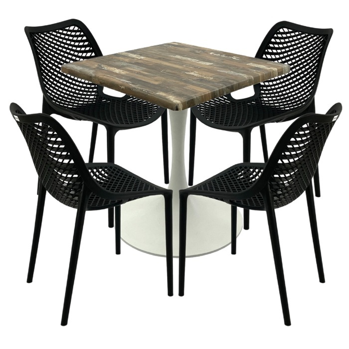 Mobilier pentru bar, 4 scaune London Air negru suprapozabile cu masa  70x70x74cm Raki MAPLE blat werzalit si picior turnat 50cm