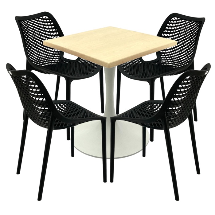 Mobilier pentru bar, 4 scaune London Air negru suprapozabile cu masa  70x70x74cm Raki MAPLE blat werzalit si picior turnat 50cm