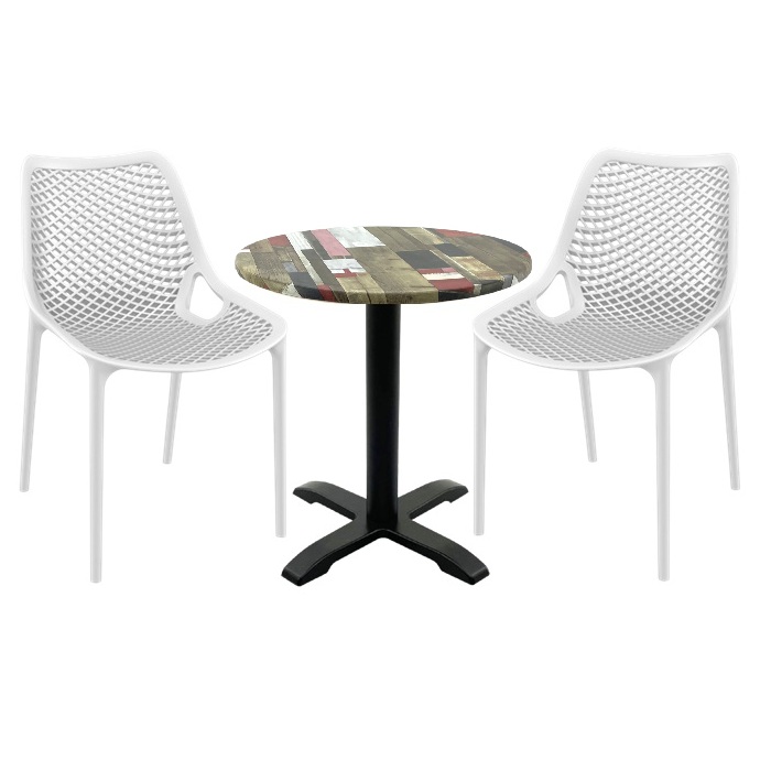 Mobilier pentru cafenea, 2 scaune London Air albe cu masa rotunda 60x74cm Raki MAPLE blat werzalit si picior negru 